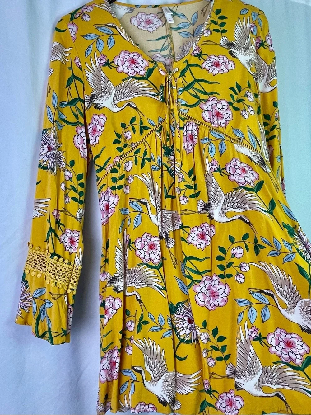Xhilaration Yellow Boho Mini Dress with Pink Flowers & Cranes Size Small - Picture 2 of 15